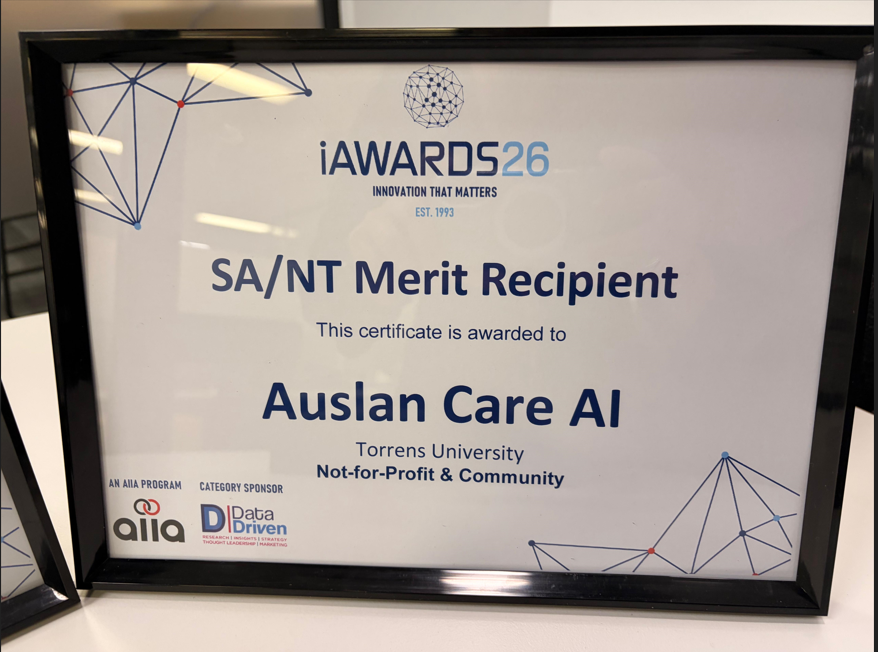 iAwards 2026 SA/NT Merit Recipient certificate awarded to Auslan Care AI